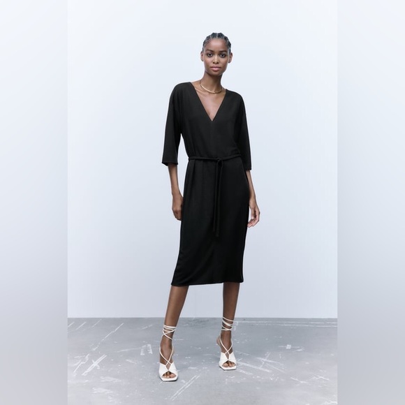 Zara dress with belt 🖤 midi length v neck kimono sleeve straight cut 🖤 black L - Picture 9 of 16